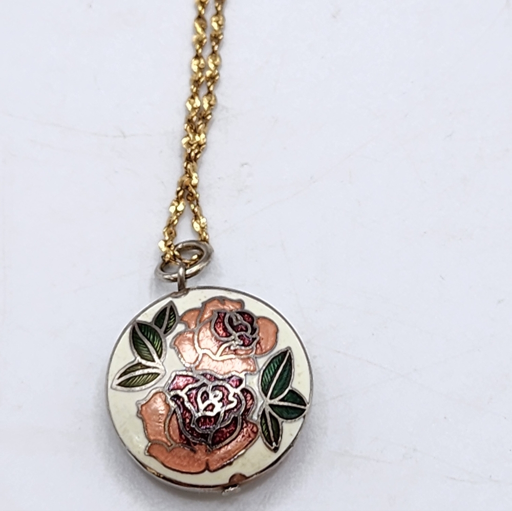 Cloisonné Pendant Necklace Flower Roses Pink Vintage Gold tone Monet Chain 19.5"